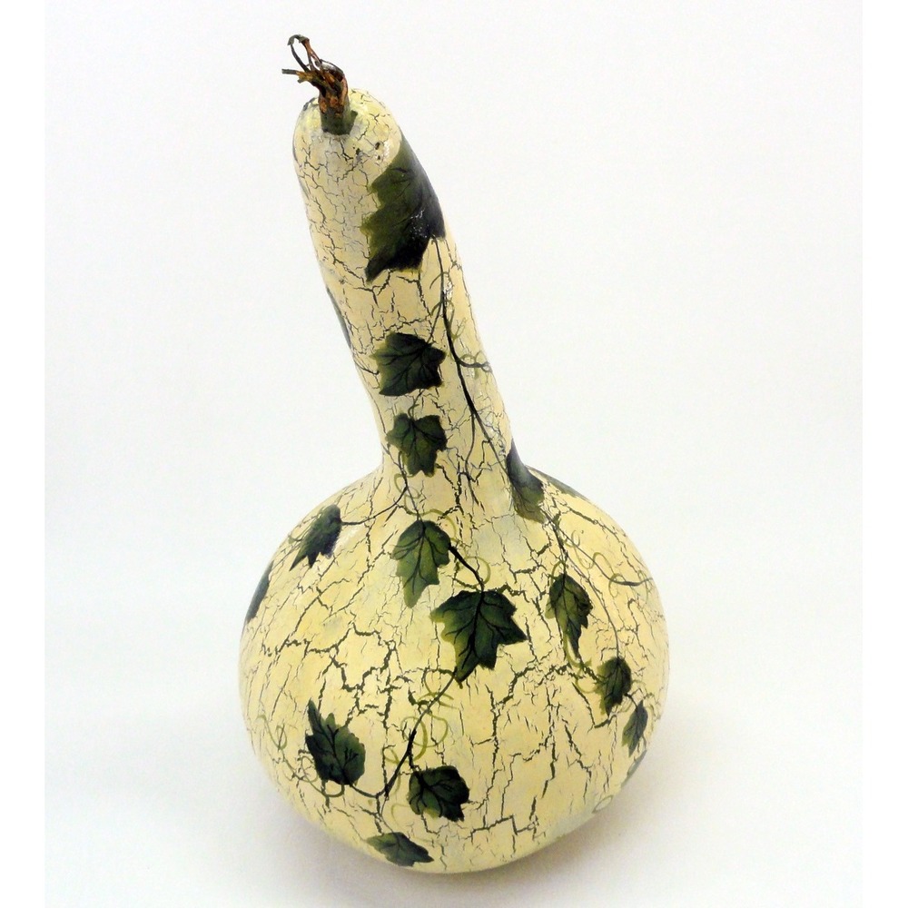 Hand Painted Dried Gourd Long Neck Crackle Finish Green Ivy Vine Decor Rattle - Picture 4 of 11